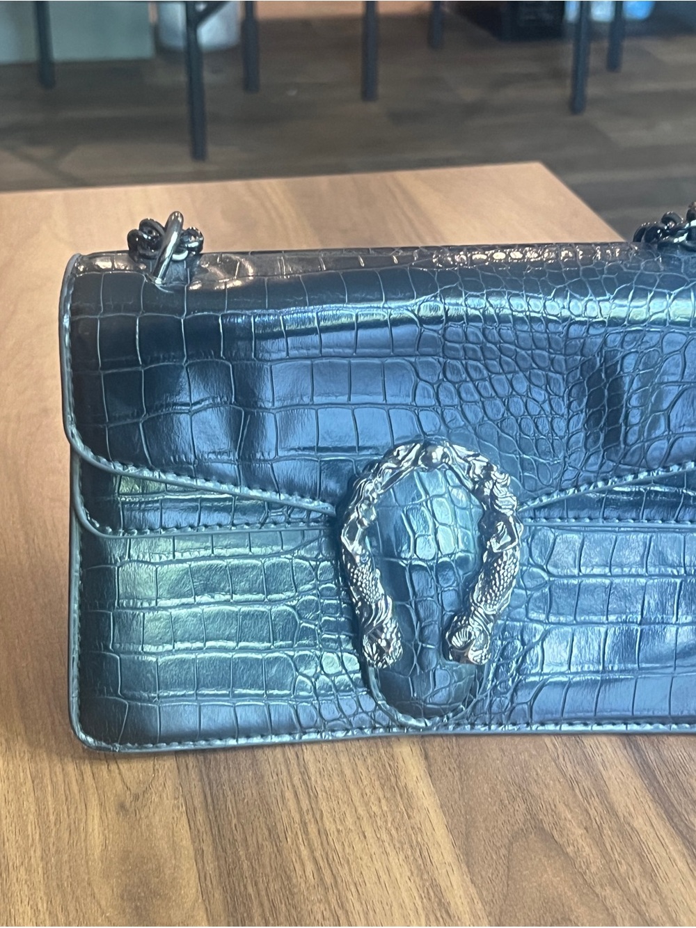 Black Croc-Embossed Leather Shoulder Bag with Chain Strap